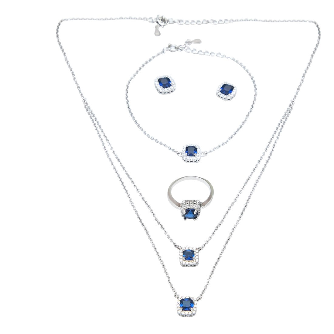 Dazzling Blue Stone Cubic Zirconia Necklace with Earrings, Ring and Bracelet