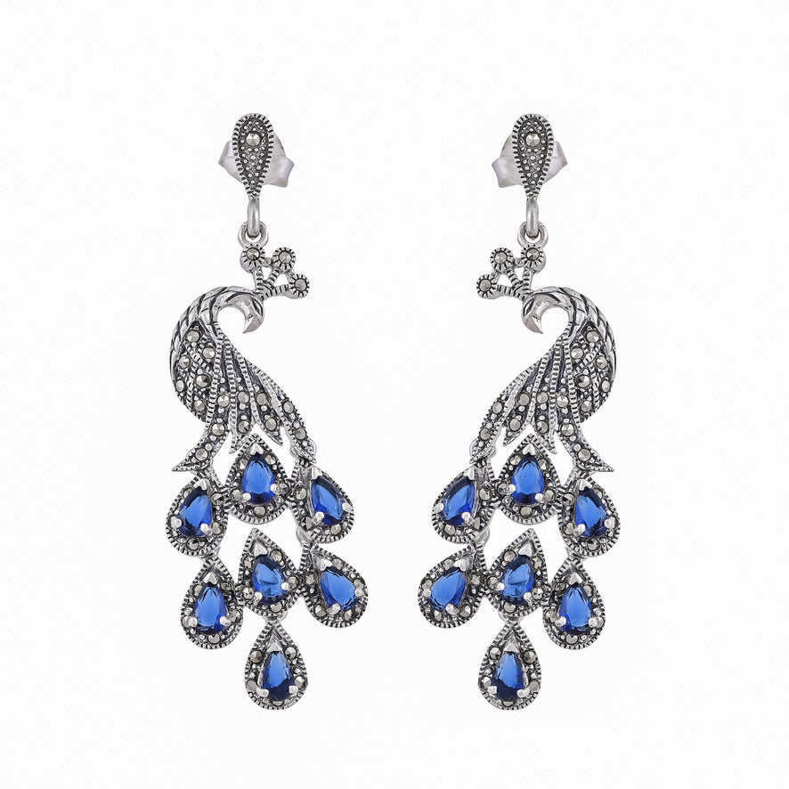 Silver Marcasite Stone Peacock Earrings
