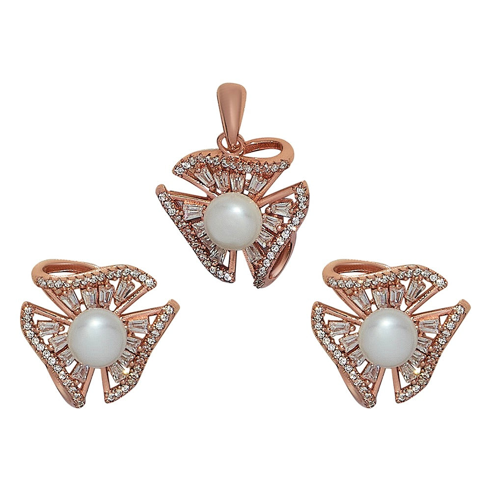 Rose Gold Pearl Zircon Studs and Pendant Set