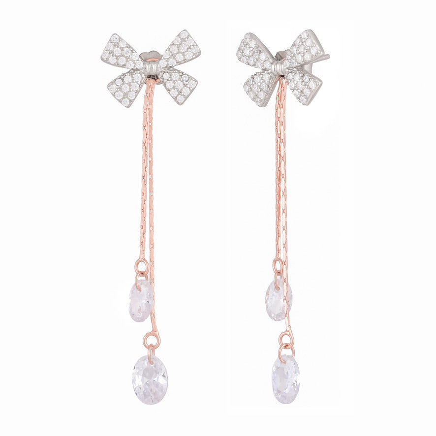 Silver Zircon Stone Bow Long Earrings