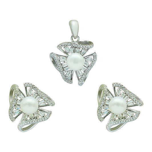 Silver Pearl Zircon Studs and Pendant Set