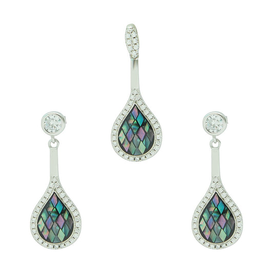 Silver Drop Shaped Pendant with Earrings Set
