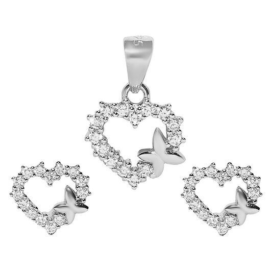Silver Heart with Butterfly Pendant and Earrings Set