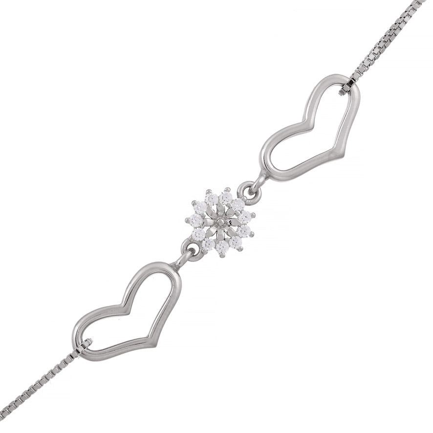 Silver Heart with Flower Zircon Anklet