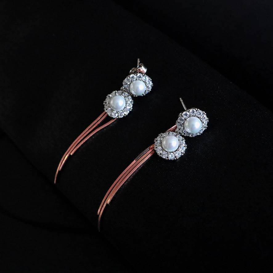 Silver Pearl and Zircon Floral Earrings