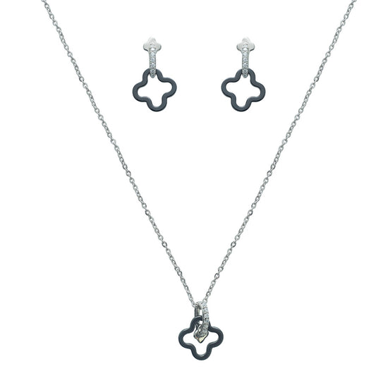 Silver Ceramic clover Necklace and Earrings