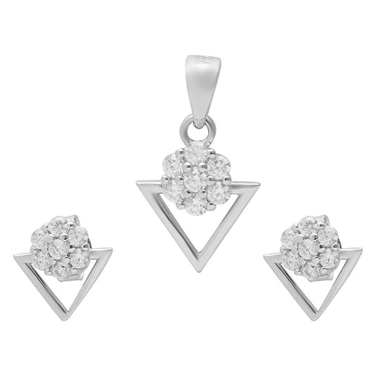 Silver Flower Geometric Pendant with Earrings