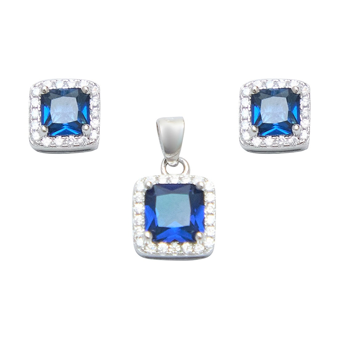 Silver Multicoloured Stone Square Pendant and Earrings Set