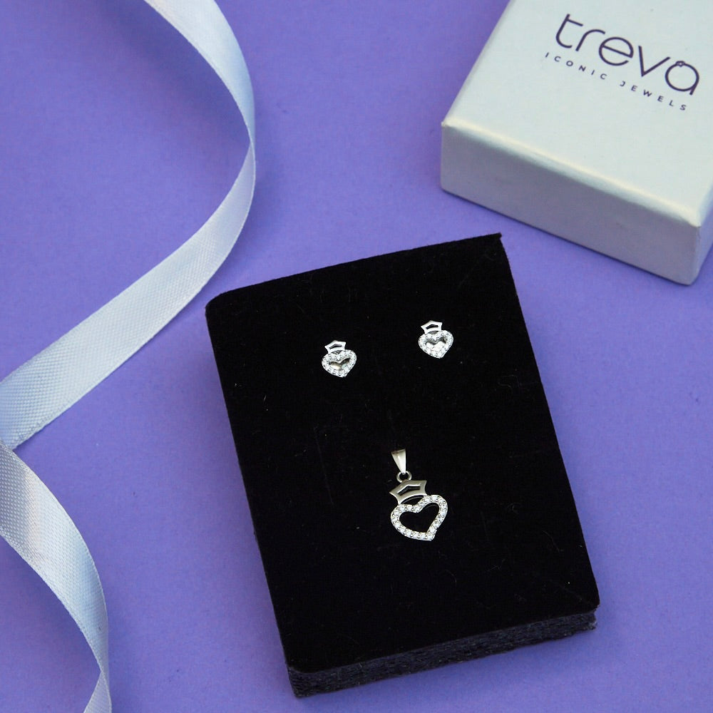 Silver Heart Pendant with Earrings Set