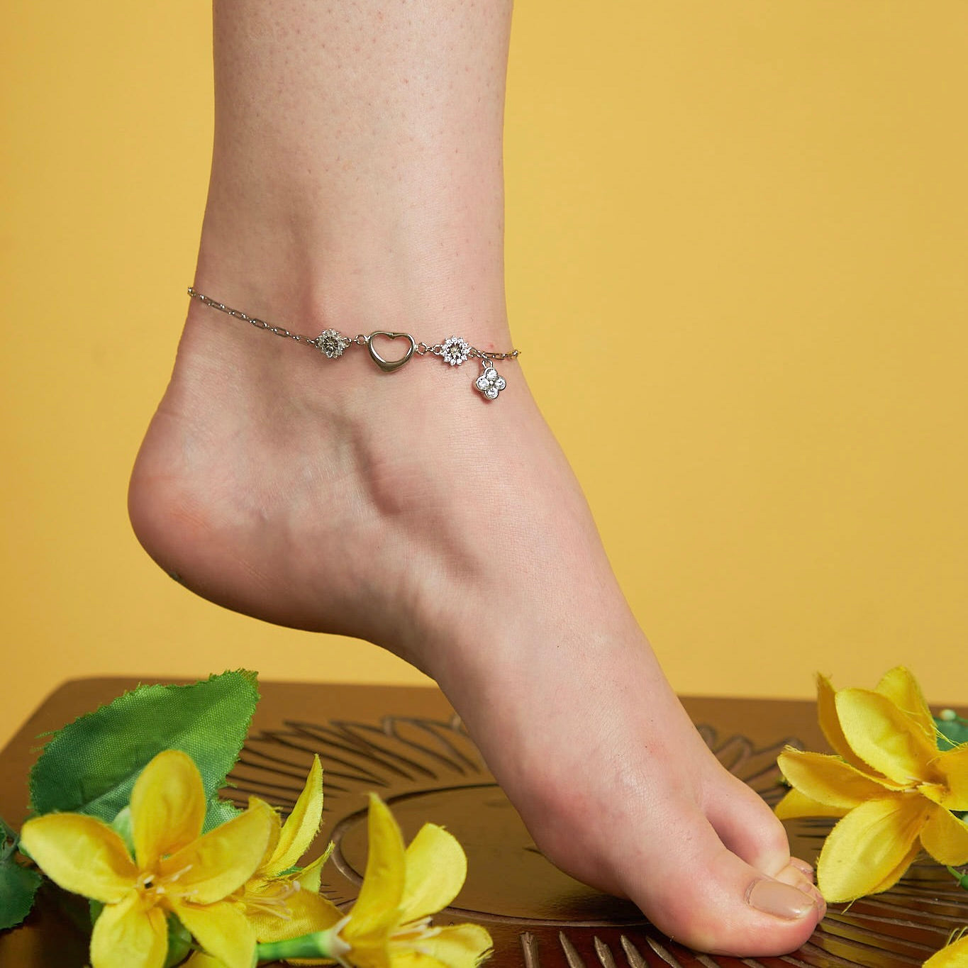 Silver Sunflower Heart Shape Anklet