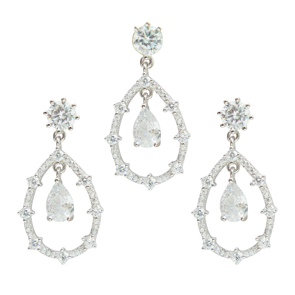 Silver Drop-Shaped Earrings with Pendant