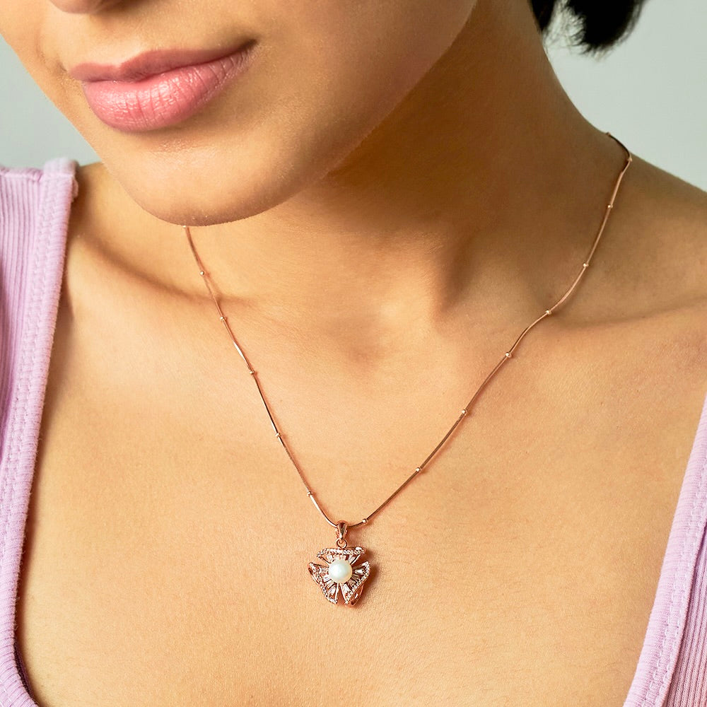 Rose Gold Pearl Zircon Studs and Pendant Set