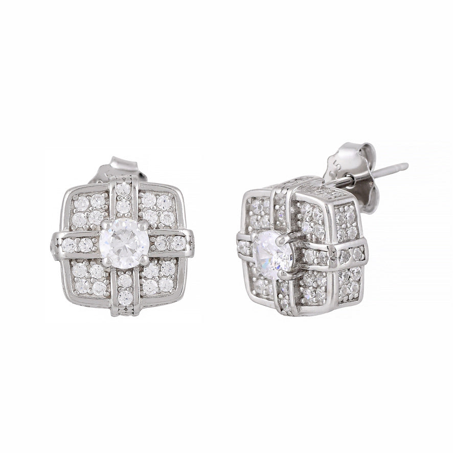 Silver Rhodium Cushion Stud Earrings