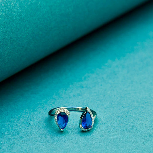 Silver Blue Stoned Leaf Adjustable Ring