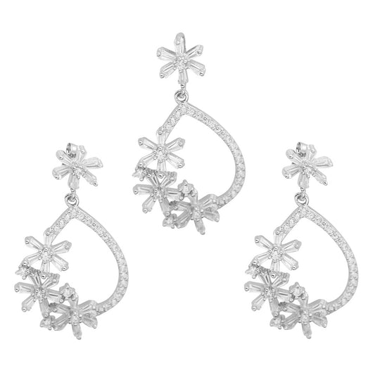 Silver Floral Drop Earrings with Pendant Set