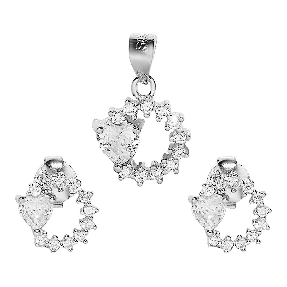 Silver Heart Round Pendant and Earrings Set