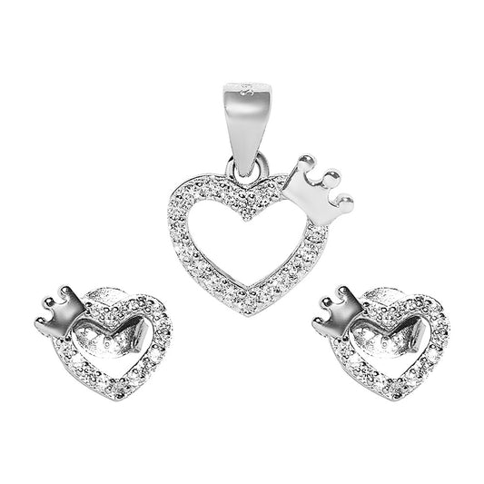 Silver Heart with Crown Pendant and Earrings Set