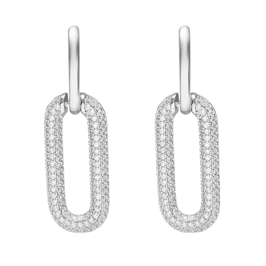 Silver CZ Cable Link Hoop Earrings